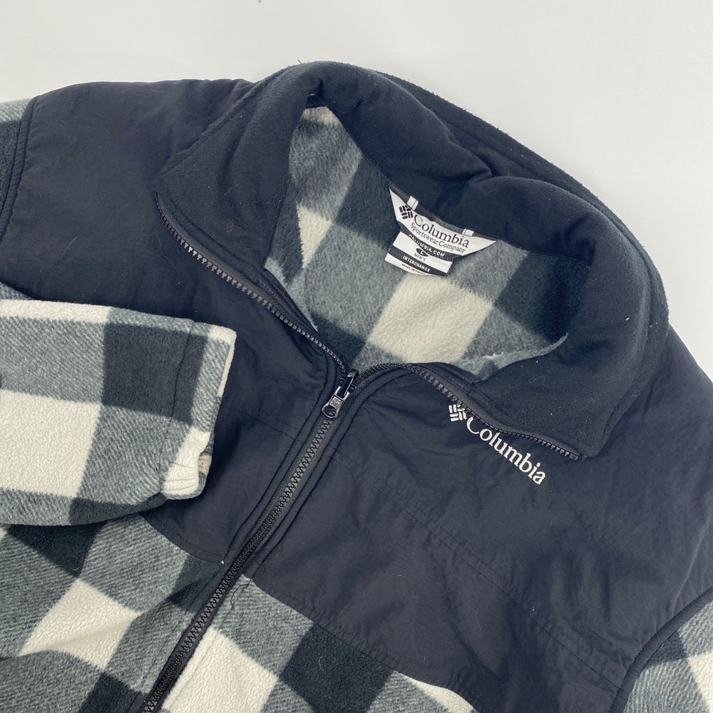 Columbia Fleece Jacket Mens Large Black Grey Buffalo Plaid Full Zip Interchange